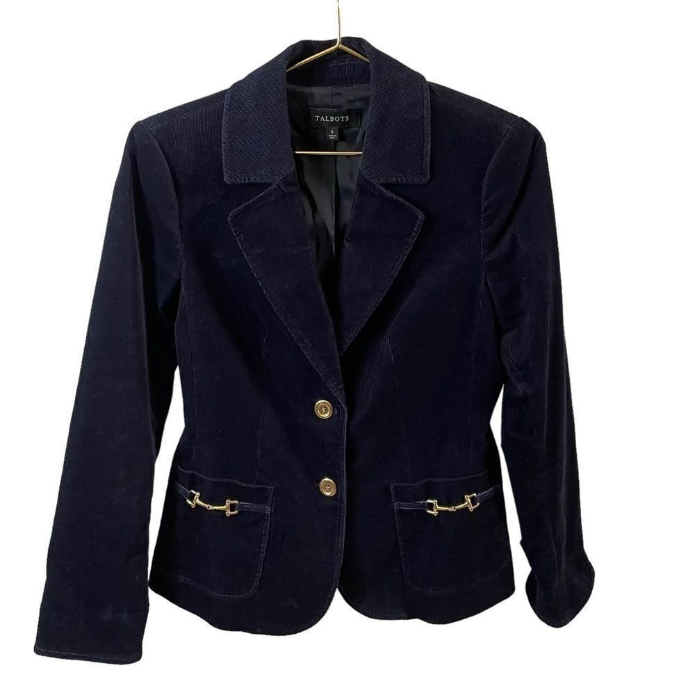Talbots Navy Blue Corduroy Horsebit Blazer Jacket Gold Buttons Size 6